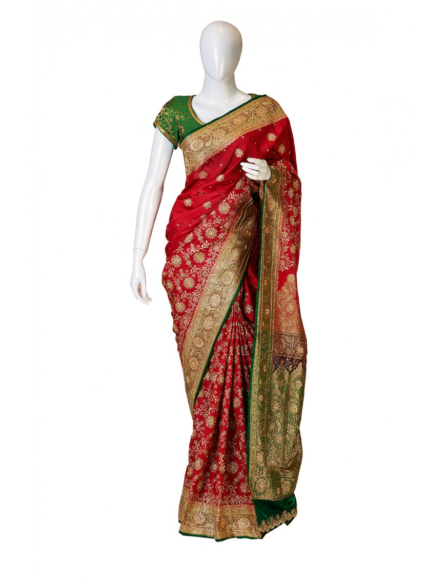 Banarasi Silk Red Green Combination Saree