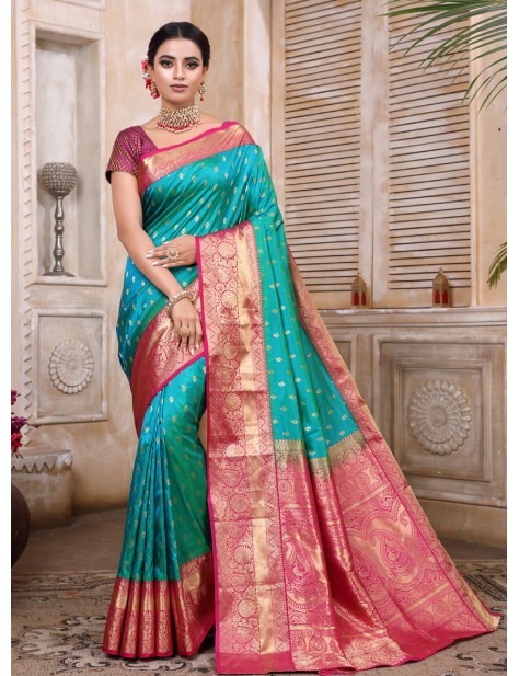 Bluish Sapphire coloured with Pink Rani Zari border Kanjeevaram Saree