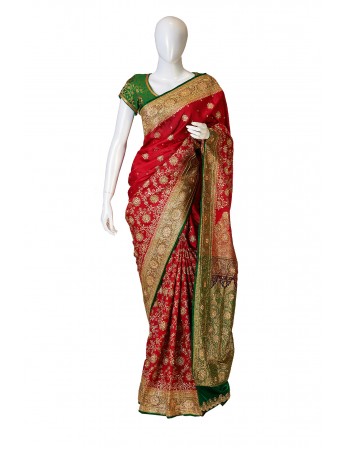 Satin Silk Red by Green Banarasi Bridal Saree