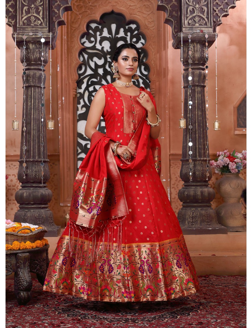 Anarkali Paithani Red coloured Woven Dress