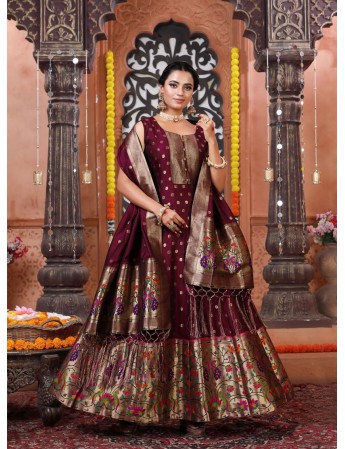 Anarkali Paithani Wine Maroon coloured Woven Dress
