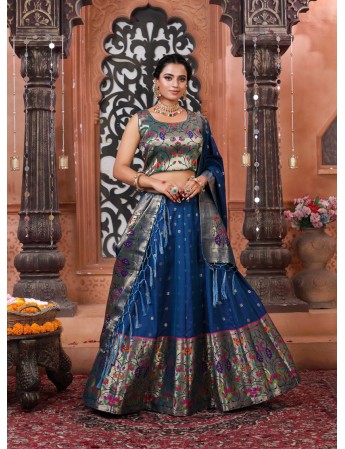 Paithani Royal blue coloured with woven zari Lehenga