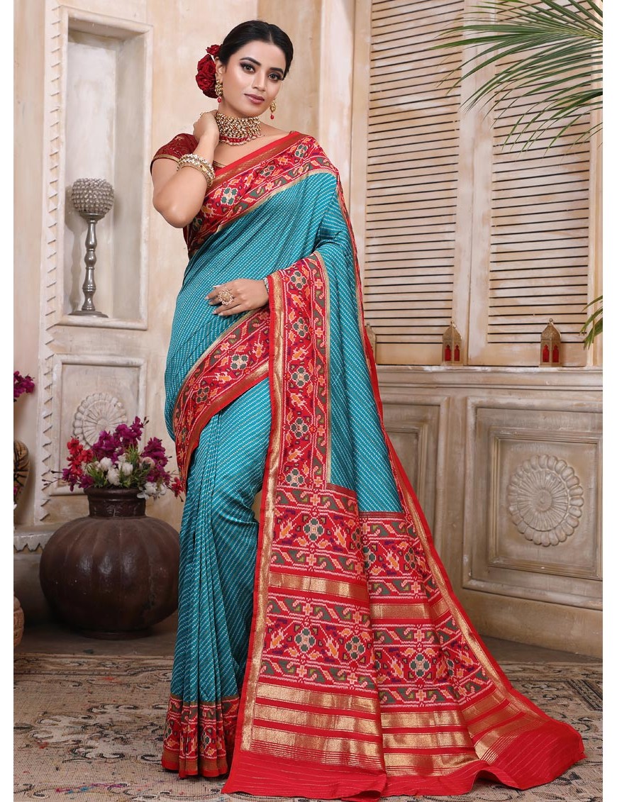 Peacock Blue with Red Border Woven Patola Saree