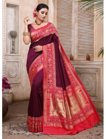 Wine Maroon color with Red Border Woven Patola Saree