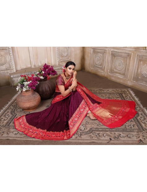 Wine Maroon color with Red Border Woven Patola Saree
