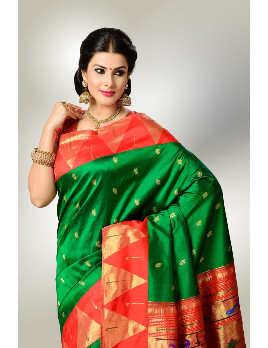Green with Red Border Paithani