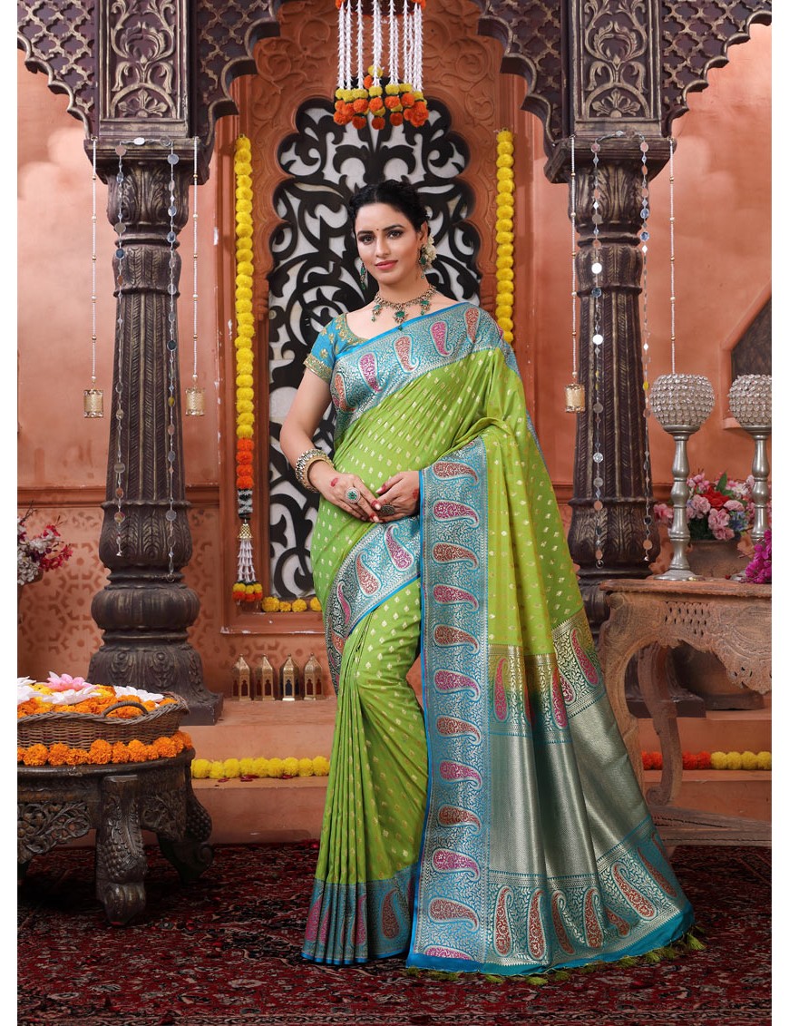 Liril Green Parrot coloured with Firozi border Crepe Silk Saree