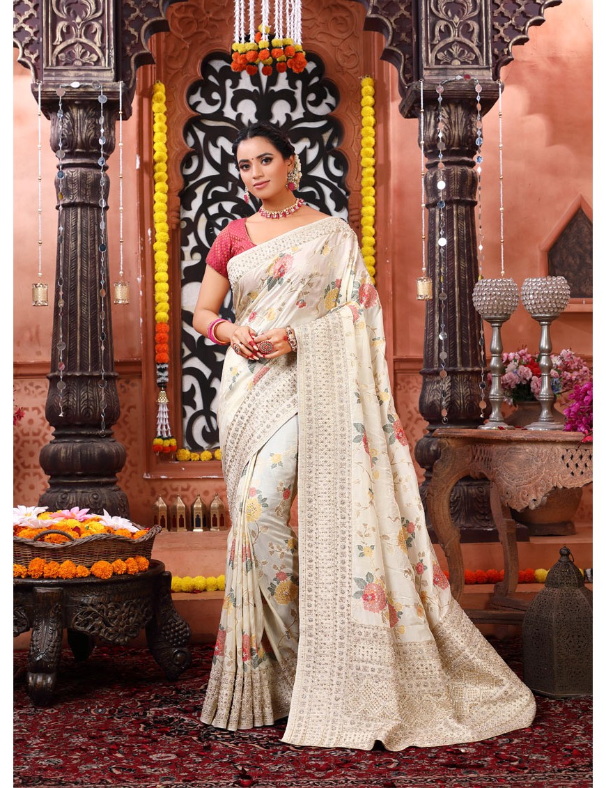 Off White Woven Fancy Crepe Silk Embroidery Saree